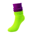 Mid-calf slouch socks in purple knit texture and neon yellow contrast color fabric - Neon Green & Purple