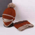 Winter plush set with orange and beige knitted hat, faux fur pompom, and fleece neck warmer - Orange and Beige Patchwork Face Protection Knit Hat and Scarf Set
