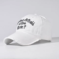 Detail of white cotton baseball cap with black embroidery and distressed frayed brim edges - Adjustable / White
