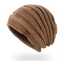 Dark brown ribbed knit beanie with sport leather patch for men and women - Mixed Caramel