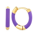 Detail of round gold-plated hoop earrings with purple enamel and hinge clasp design - Purple