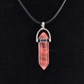 Pink quartz hexagonal point pendant on black rope necklace with polished finish - Watermelon Red Stone