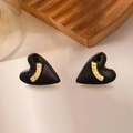Elegant heart-shaped black enamel stud earrings with gold trim and inlaid cubic zirconia - Heart Zirconia Studs / Black