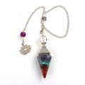 Chakra resin pendulum with colorful crystals and silver lotus charm in white background - New Silver Crown 7 Chakra + Lotus Chain