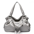 Grey hobo tote bag with woven straps and tassel detail in soft synthetic leather - Light Gray