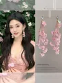 Detail of pink floral tassel earrings with sparkling rhinestones and layered petals - 10# 925 Sterling Silver Earring Post-Pink-Jeweled Tassel Petal (HE24970)