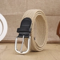 Beige elastic woven canvas belt with black leather trim and silver metal pin buckle - Silver Buckle Beige