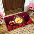 Dunkelrote Frohe Weihnachten Fußmatte mit Weihnachtsmann-Schlitten und Waldmotiv - 40*60cm / Roter Wald Mondnacht Weihnachtsmann