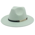 Detail view of mint green fedora with black leather strap and gold chain accent - M (56-58cm) / Mint Green