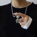 Detailed close-up of a silver punk bear pendant necklace on a thick metal chain - Bear Style (A260)