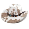 Chapeau de cowboy rétro à motif vache en fausse fourrure avec ruban à perles en bois - M (56-58cm) / Couronne Plate / Kaki