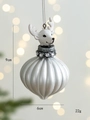 Décoration de Noël tête de cerf blanc avec boule argentée rayée, taille 9cm x 6cm - Boule Oignon Cerf Blanche