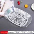 Oval silver metal serving tray with fruit illustration, size 25.1cm by 16.4cm - Fruit and Vegetable Pattern