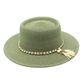 Détail d'un chapeau de paille vert avec chaîne dorée, perles blanches et glands beige - M (56-58cm) / Vert Militaire
