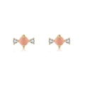 Close-up of pink gemstone stud earrings with 18K gold plating and zircon side stones - Pink Round Pave Stud Earrings (EH00548)