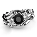 Elegant floral silver ring with large round black zircon and white side stones - US 7 / White Gold