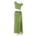 Detail of green one-shoulder crop top and high-slit ruched maxi skirt set on mannequin - S / Green