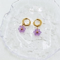 Handmade gold hoop earrings with purple translucent beaded flower charms - Purple