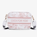 White floral camera crossbody bag with pink roses and wide jacquard strap - Pink