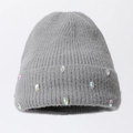 Grey knit beanie for women with iridescent teardrop rhinestones on the folded cuff - Grey (Teardrop Rhinestone)