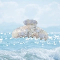 Chic cream and blue marbled acetate hair claw clip with a summer beach landscape background - Translucent Pink Blue