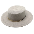 Dettaglio cappello di paglia grigio a corona piatta con elegante fascia in metallo dorato - M (56-58cm) / Grigio