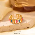 Golden titanium steel flower ring with colorful enamel inlay and adjustable open band - Adjustable Open / JOM25045-Gold Orange Pink Blue Gems
