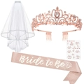 Detailed set featuring rose gold tiara, white veil, and glittery Bride to Be sash for wedding - Rose Gold 4-Piece Set