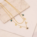 Double-layer gold stainless steel necklace with blue teardrop and evil eye pendants - Double Layer Evil Eye Waterdrop Necklace