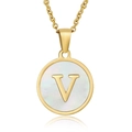 18K gold plated stainless steel necklace featuring a round white shell pendant with letter V - White Mother of Pearl Letter V