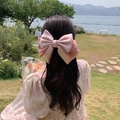 Pink large bow hair clip with satin ribbons shown on model in a romantic outdoor setting - Romantic Pink Bow Spring Clip (Satin)