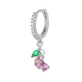 Silver huggie hoop earrings with green leaf and pink berry-shaped crystal pendants - Silver Purple Grape
