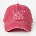 Detail view of washed cotton fabric and Vintage 1973 embroidery on the baseball cap - One Size / Watermelon red