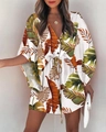 Women's V-neck tropical monstera leaf print dress with drawstring waist in white and green - S / Brown Green