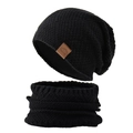 Men's winter knit beanie and neck warmer set in black with sport leather patch - Black