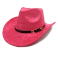 Detail eines pinkfarbenen Wildleder-Cowboyhuts mit schwarzem Lederband und Goldschnalle - M (56-58cm) / Fuchsia