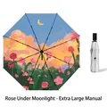 Parapluie manuel extra large avec revêtement UV argenté et motif rose au clair de lune - Pliant 3 Manuel Rose au Clair de Lune - Revêtement Argent