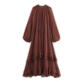 Bohemian reddish brown chiffon maxi dress with high neck tie and tiered ruffle hem - XS / Tan