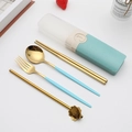 Portable stainless steel cutlery set with blue handles and gold utensils in a wheat box - Type D Green+Gold