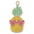 Enameled pineapple charm with pink heart sunglasses and green leaves for DIY jewelry - Pineapple 13.5x28mm