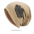 Detail of khaki ribbed knit beanie featuring cloud patch and soft brown lining - One Size / Khaki