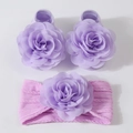 Ensemble bandeau bébé en tricot violet et chaussettes avec grandes fleurs douces - Ensemble de 3 pièces (bandeau + chaussettes) / Violet