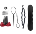 Hair styling tool set including black bun maker and hair pins with a red bow accent - 7-Piece Set A