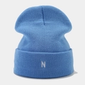Close-up of bright light blue knitted beanie with white embroidered letter N on the cuff - One Size / Lake Blue
