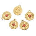 Bohemian gold stainless steel round compass pendant with center red stone and star motif - Orange Pink