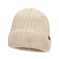 Berretto in maglia a coste beige con risvolto e piccola toppa decorativa in pelle - Beige