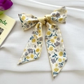 Chic floral silk hair scarf in creamy yellow with green and grey flower patterns - Lemon Yellow Multi-color Floral