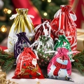 Christmas drawstring gift bag set with festive Santa and reindeer designs in bulk - Set Twelve (3 of Each, 24 Total)