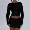 Chic black two-piece Y2K set with shimmering long sleeve crop top and mini skirt - S / Top And Bottom / Black