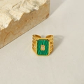 18k gold plated wide open ring featuring a clear gemstone and green malachite inlay - Rectangle Zirconia Malachite Wide Open Ring